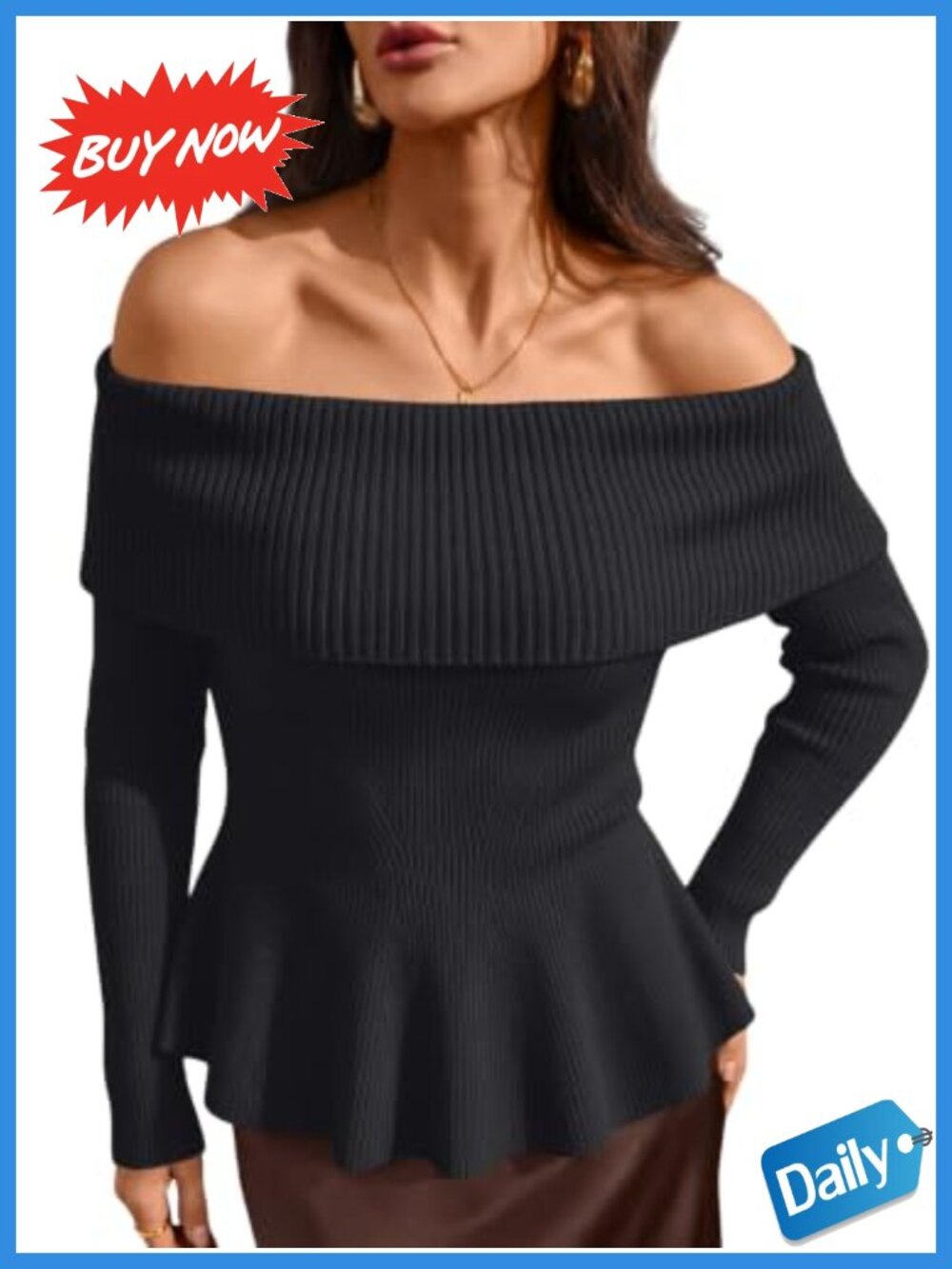 Off Shoulder Babydoll Sweater Ribbed Knit Pullover Long Sleeve